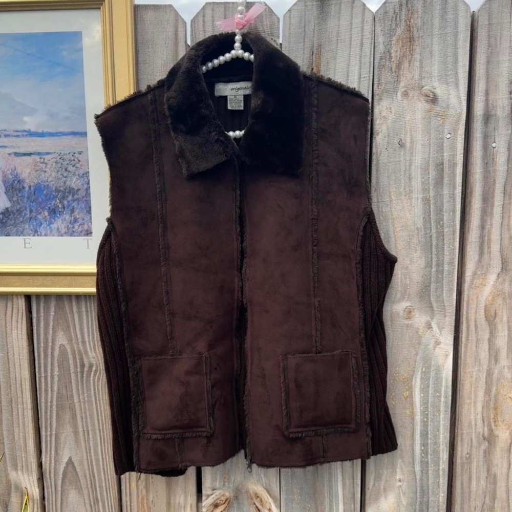 brown faux fur trim suede zip up vest ribbed knit collared